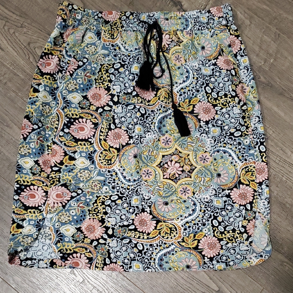LOFT Floral Paisley Drawstring Skirt in Black, Blue & Pink